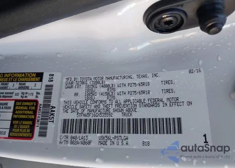 2016 Toyota Tundra Limited 5.7L V8 z USA, uszkodzony, nr VIN 5TFHW5F16GX535592